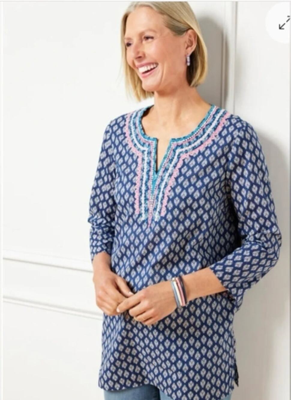 Talbots Embroidered Medallion Foulard Tunic Top Women's L Navy White 100% Cotton